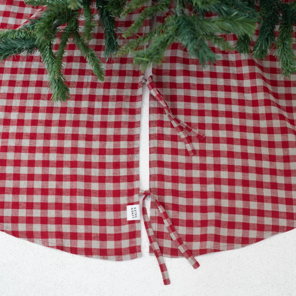Leinen Weihnachtsbaumdecke Karo in Rot+Beige Muster Karo von Linen Tales Größe Ø 125 cm