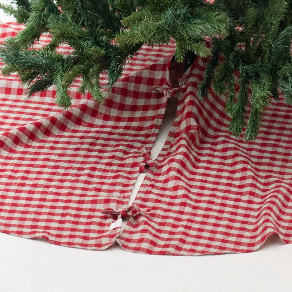 Leinen Weihnachtsbaumdecke Karo in Rot+Beige Muster Karo von Linen Tales Größe Ø 125 cm