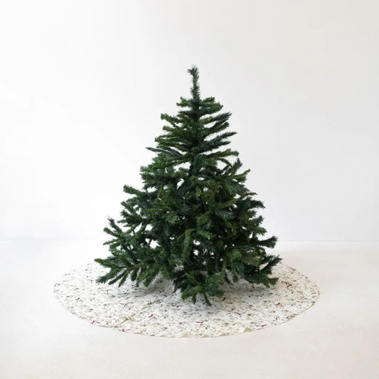 Leinen Weihnachtsbaumdecke Mistelzweige in Weiß+Olive+Dunkelrot Weiß+Grün+Rot Muster Mistelzweige von Linen Tales Größe Ø 125 cm