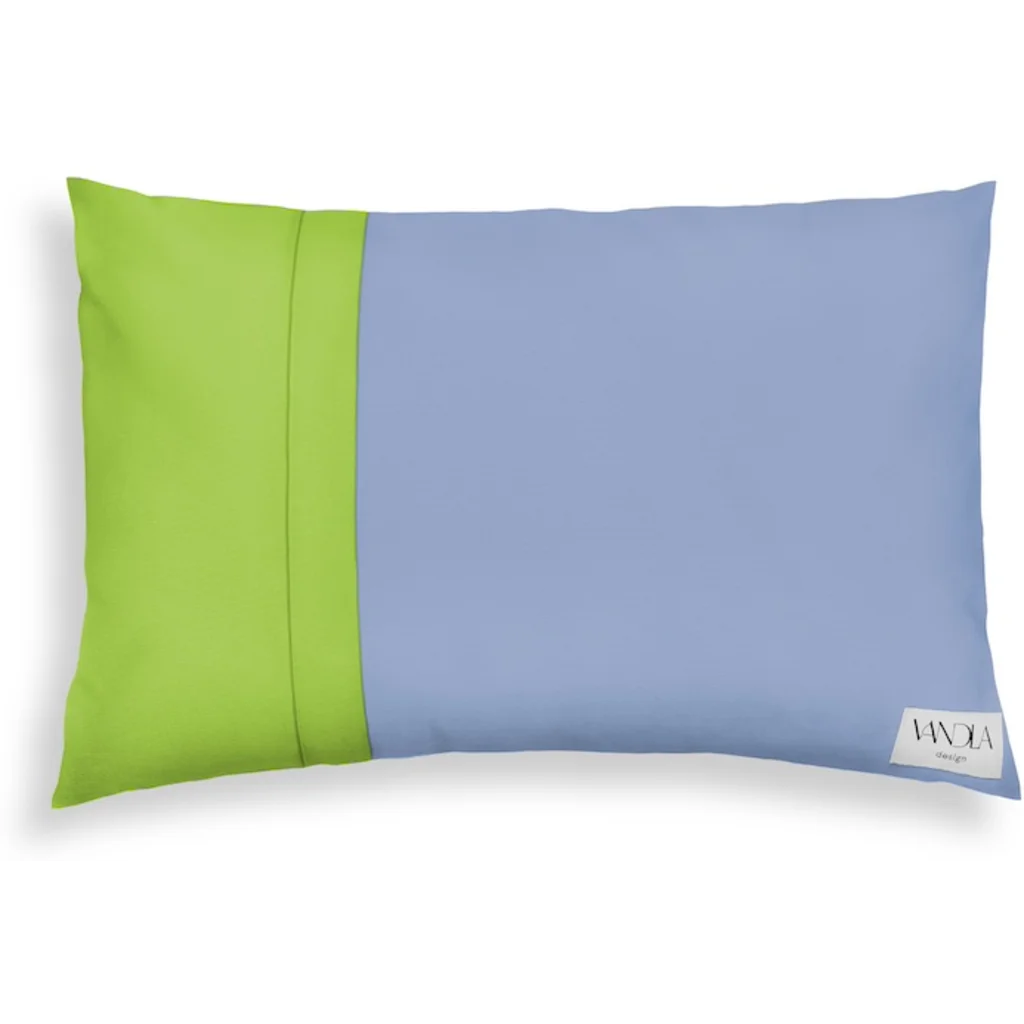 Modulare Kissenhülle rechteckig Farbkombinationen mit Jeansblau in Jeansblau+Limette Blau+Grün von Vandla design Größe 40x60 cm