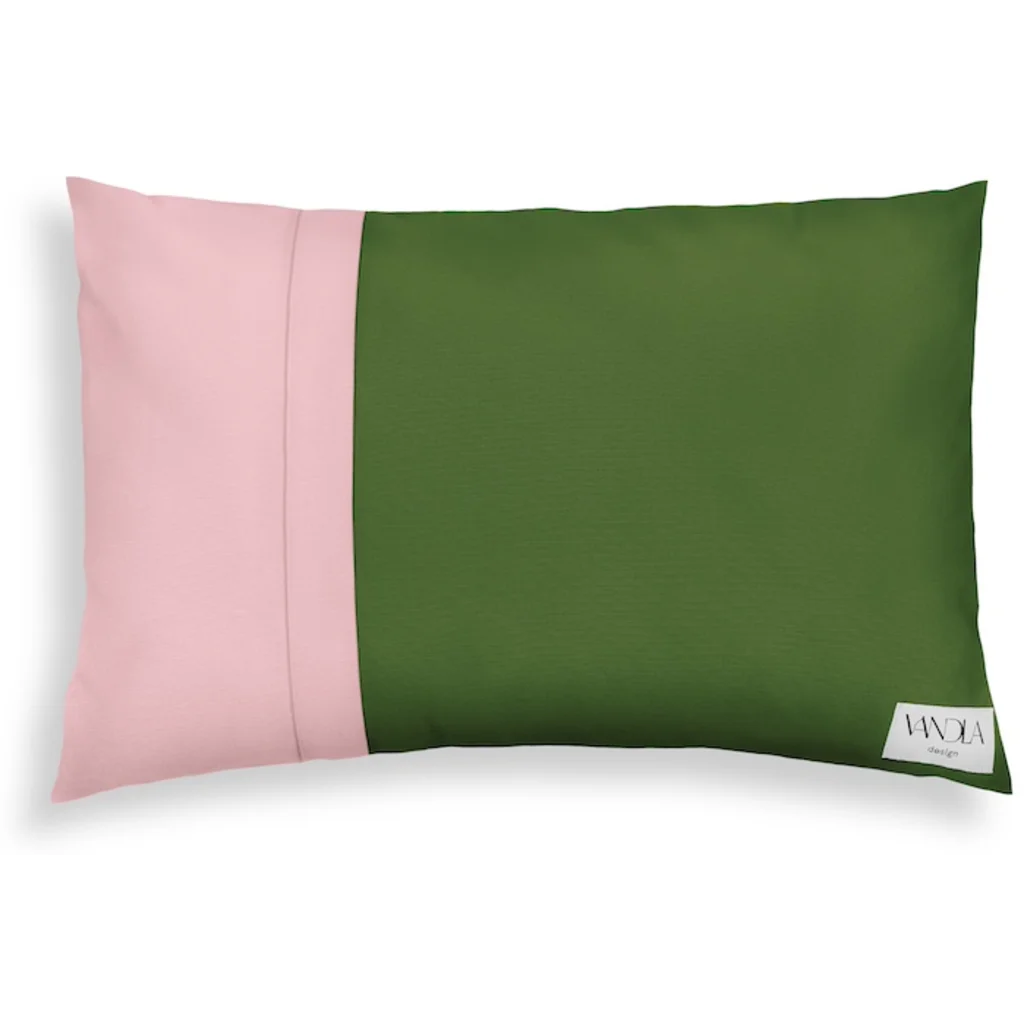 Modulare Kissenhülle rechteckig Farbkombinationen mit Waldgrün in Waldgrün+Zartrosa Grün+Rosa von Vandla design Größe 40x60 cm