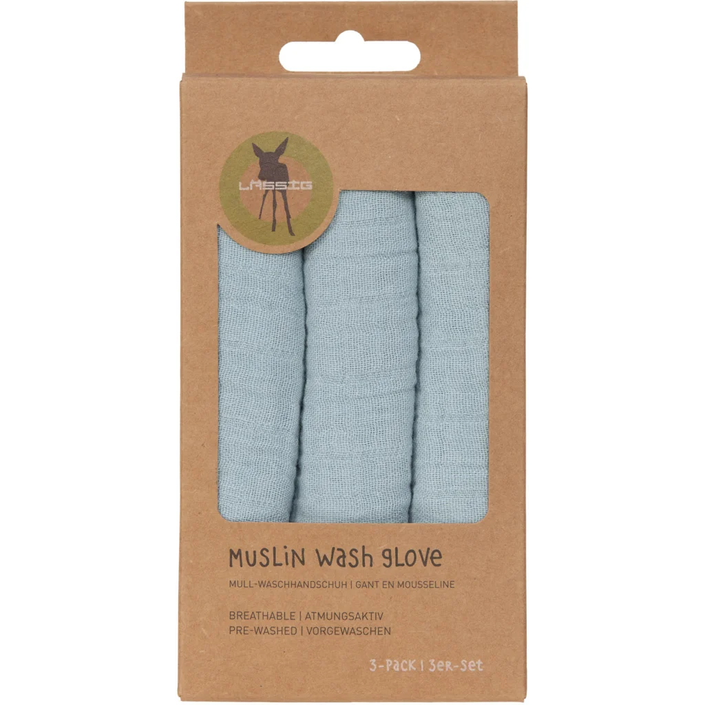 Musselin Baby-+Kinder-Waschhandschuh 3er-Pack in Hellblau Blau von Lässig Größe 15x22 cm