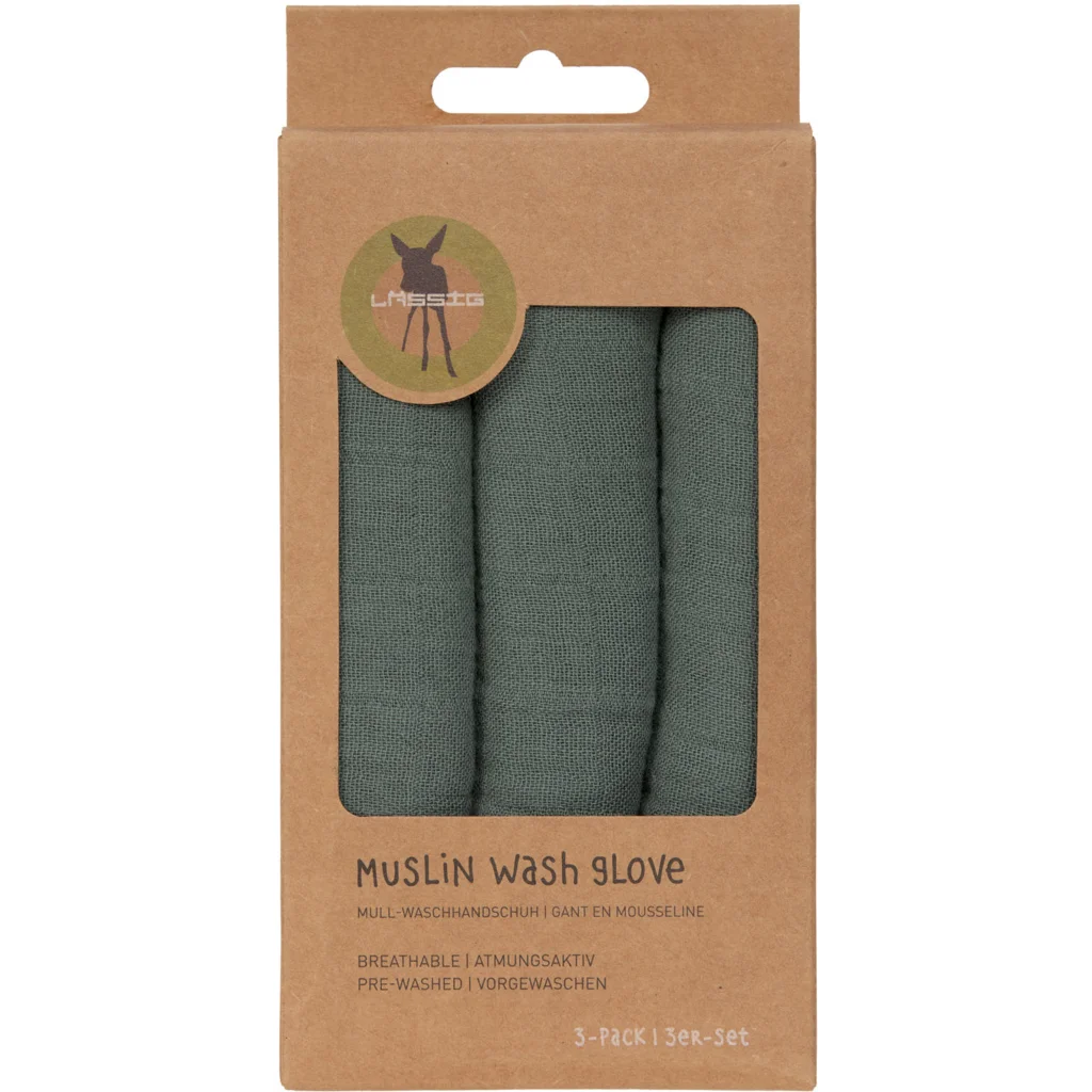 Musselin Baby-+Kinder-Waschhandschuh 3er-Pack in Petrol Grün von Lässig Größe 15x22 cm
