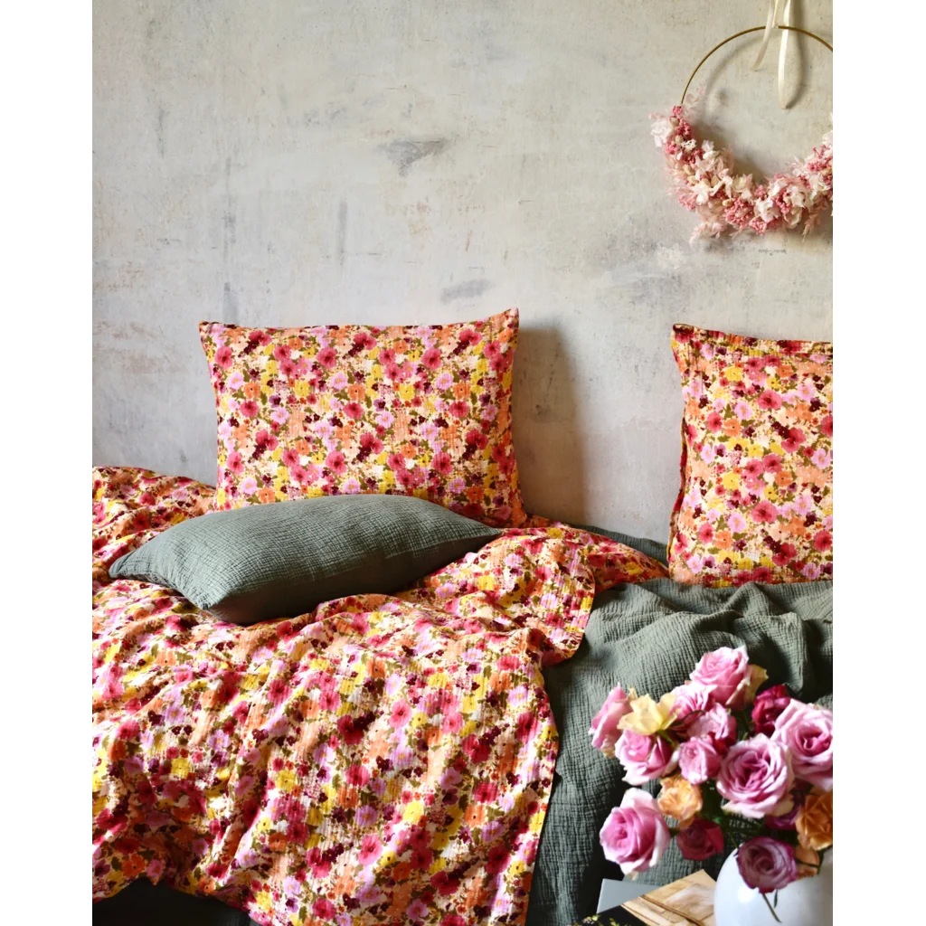 Musselin Bettwäsche Blumen Garnitur 3-teilig in Rosa+Orange+Gelb Muster Blumen von hutch&putch Größe 200x200 + 2x 80x80 cm