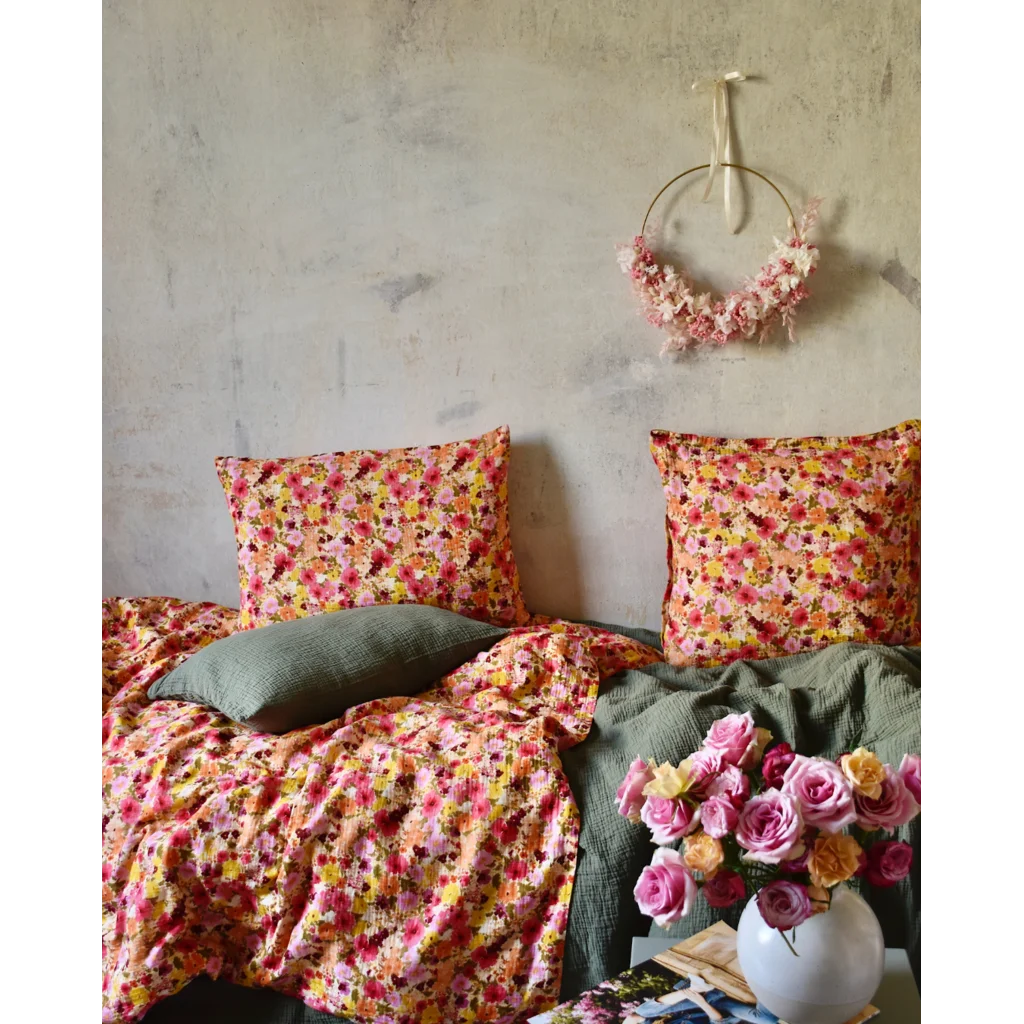 Musselin Bettwäsche Blumen Garnitur 3-teilig in Rosa+Orange+Gelb Muster Blumen von hutch&putch Größe 200x200 + 2x 80x80 cm