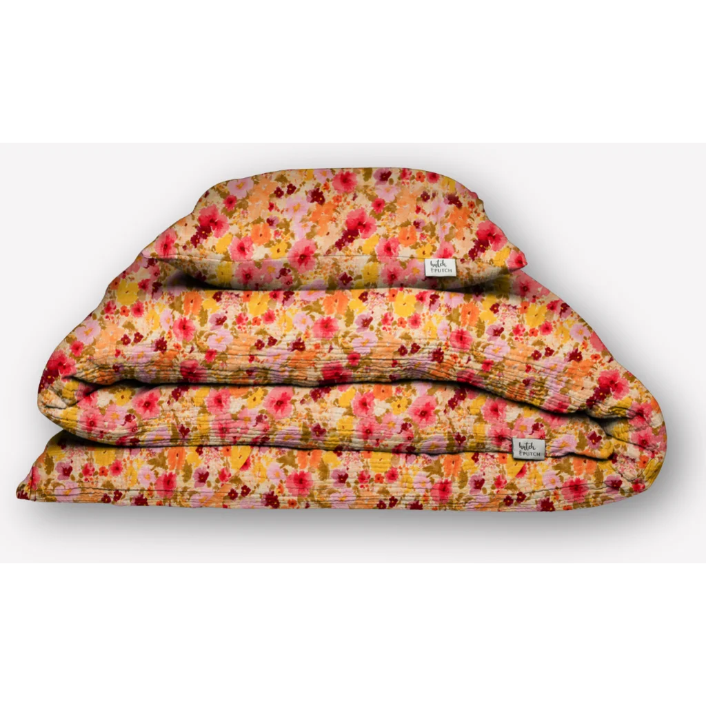 Musselin Bettwäsche Blumen Garnitur in Rosa+Orange+Gelb Muster Blumen von hutch&putch Größe 155x220 + 80x80 cm
