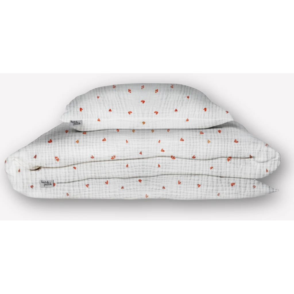 Musselin Bettwäsche Herz Garnitur 3-teilig in Weiß+Rot Muster Herz von hutch&putch Größe 200x200 + 2x 40x80 cm