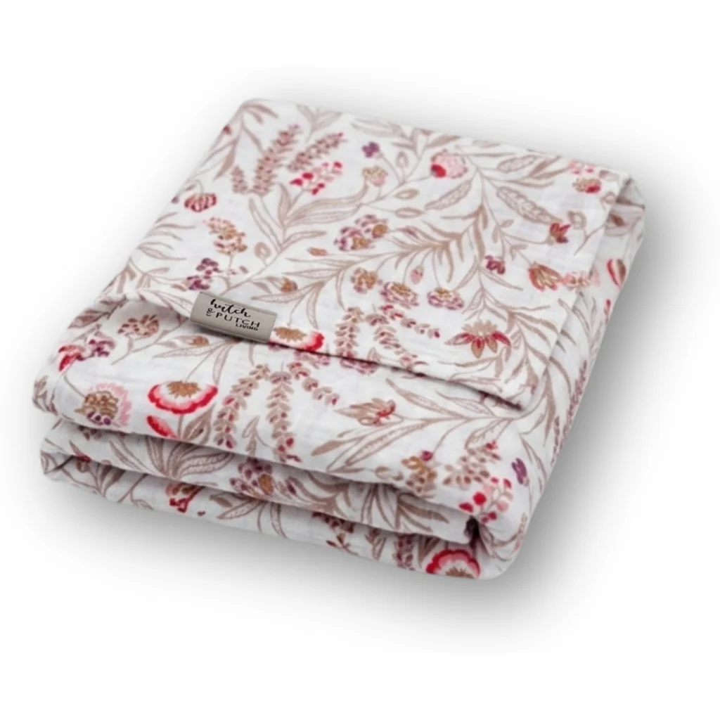 Musselin Decke Blumen in Weiß+Beige+Pink Muster Blumen von hutch&putch Größe 135x220 cm