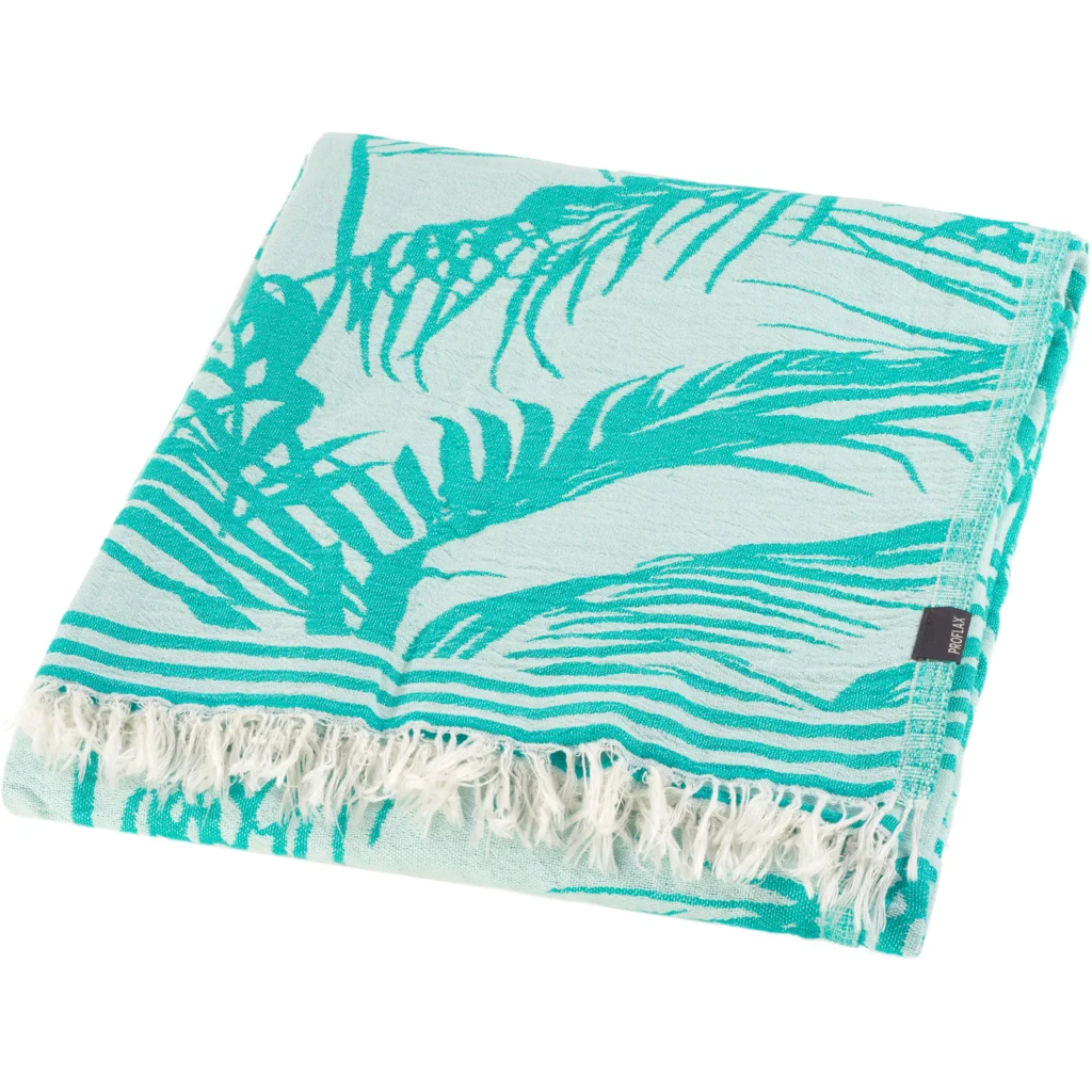 Plaid mit Palmenblatt-Muster in Türkis Blau Muster Palmenblatt von Proflax Größe 130x200 cm