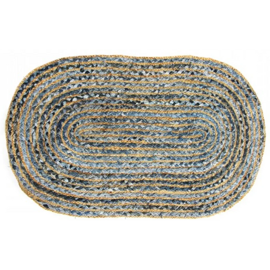 Upcycling Teppich oval in Naturbelassen+Blau Muster Bunt von GLOBO Größe 70x120 cm