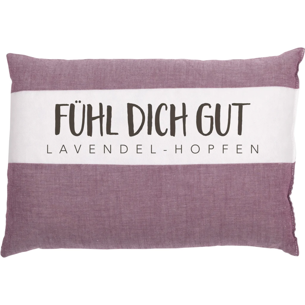 Wärmekissen mit Füllung Lavendel & Hopfen in Aubergine Lila Muster Unifarben mit Aufdruck von herbalind Größe 30x20 cm