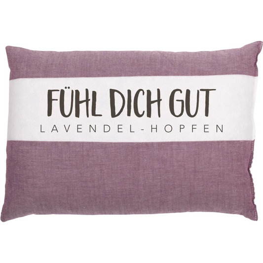 Wärmekissen mit Füllung Lavendel & Hopfen in Aubergine Lila Muster Unifarben mit Aufdruck von herbalind Größe 30x20 cm