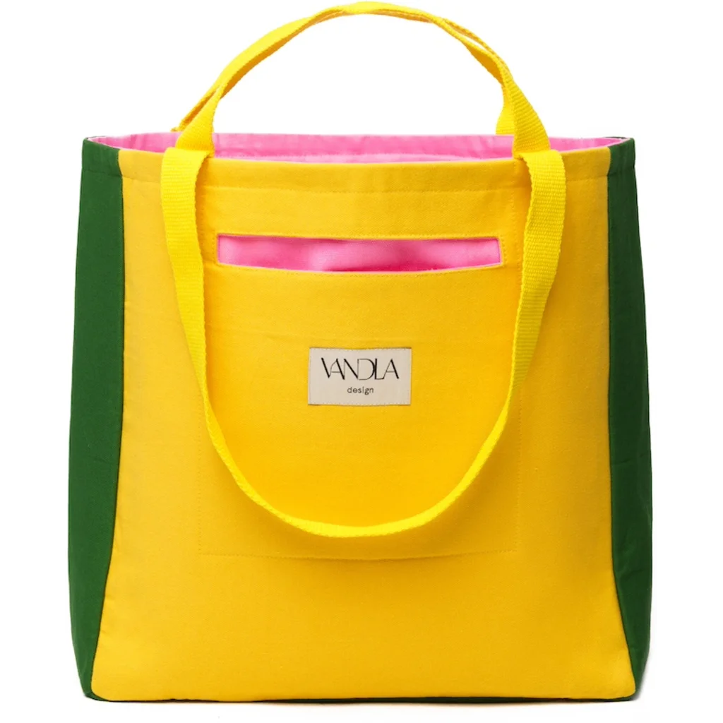 Wendetasche in Gelb+Waldgrün+Pink Gelb+Grün+Pink Muster 3-farbig von Vandla design Größe 40x40x12 cm