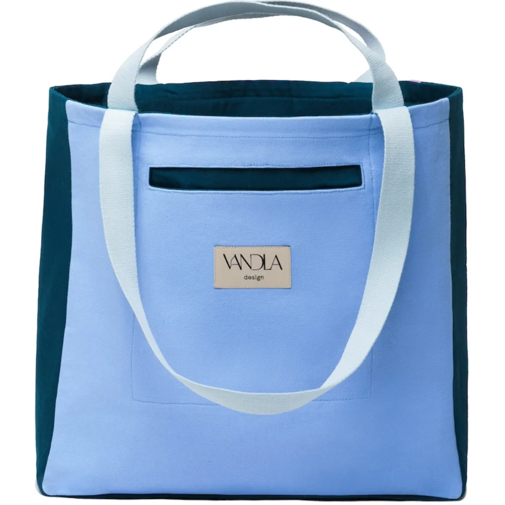 Wendetasche in Jeansblau+Petrol+Flieder Blau+Blau+Flieder Muster 3-farbig von Vandla design Größe 40x40x12 cm