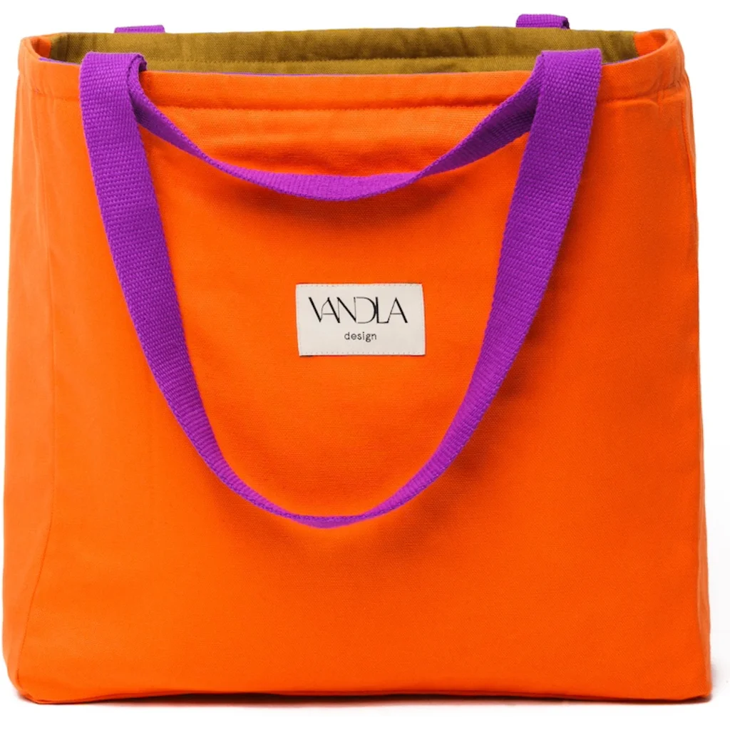 Wendetasche in Lila+Orange+Hellbraun Lila+Orange+Braun Muster 3-farbig von Vandla design Größe 40x40x12 cm