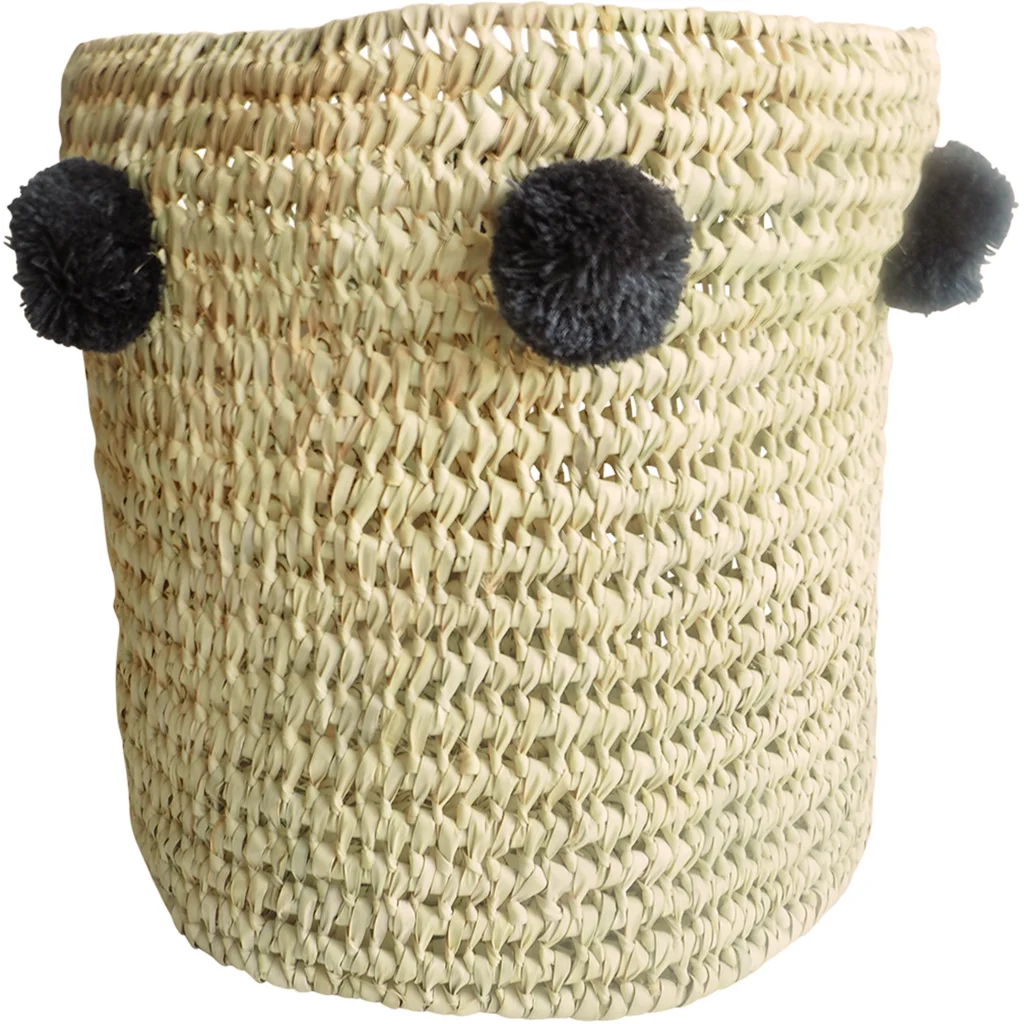Aufbewahrungskorb mit Pompoms in Anthrazit Grau von kikadu Größe 30x30x30 cm