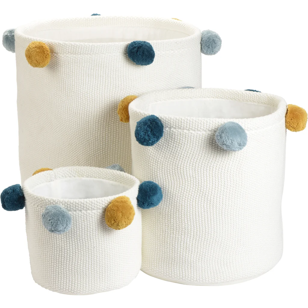 Bio Aufbewahrungsset 3-teilig mit Pompoms in Creme+Senfgelb+Hellblau+Petrol Creme+Gelb+Blau+Blau von kikadu Größe 20x20 + 30x30 + 40x40 cm 