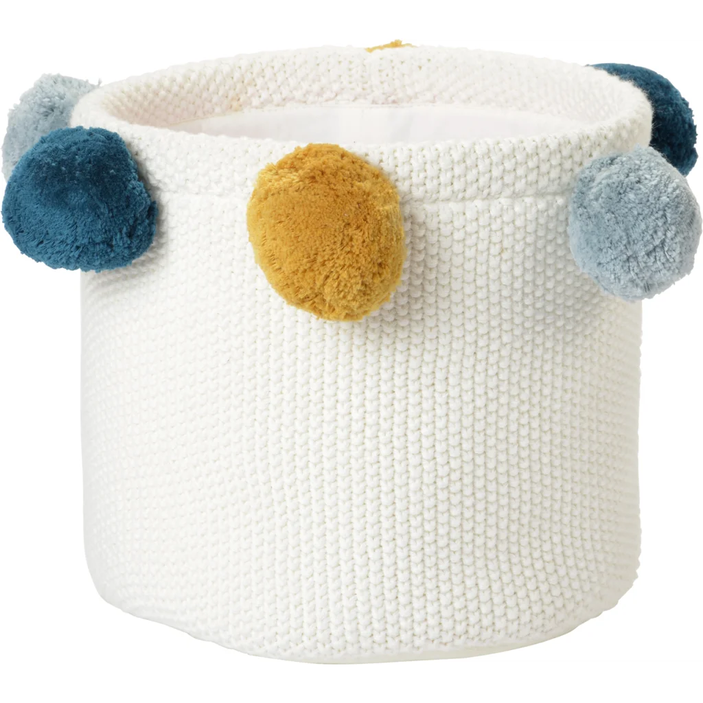 Bio Aufbewahrungsset 3-teilig mit Pompoms in Creme+Senfgelb+Hellblau+Petrol Creme+Gelb+Blau+Blau von kikadu Größe 20x20 + 30x30 + 40x40 cm 