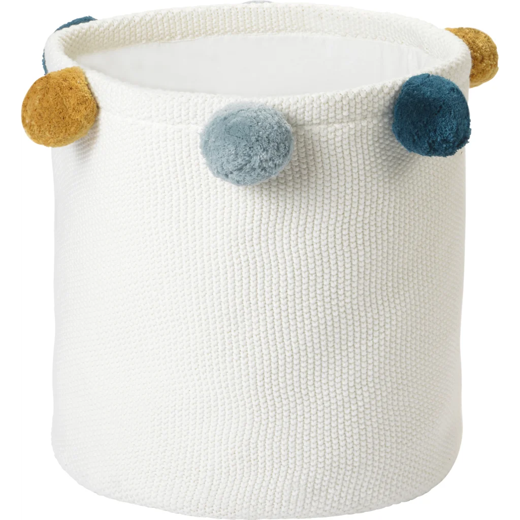 Bio Aufbewahrungsset 3-teilig mit Pompoms in Creme+Senfgelb+Hellblau+Petrol Creme+Gelb+Blau+Blau von kikadu Größe 20x20 + 30x30 + 40x40 cm 