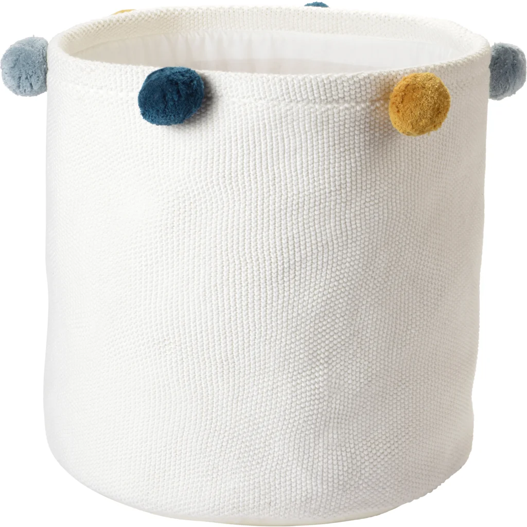 Bio Aufbewahrungsset 3-teilig mit Pompoms in Creme+Senfgelb+Hellblau+Petrol Creme+Gelb+Blau+Blau von kikadu Größe 20x20 + 30x30 + 40x40 cm 