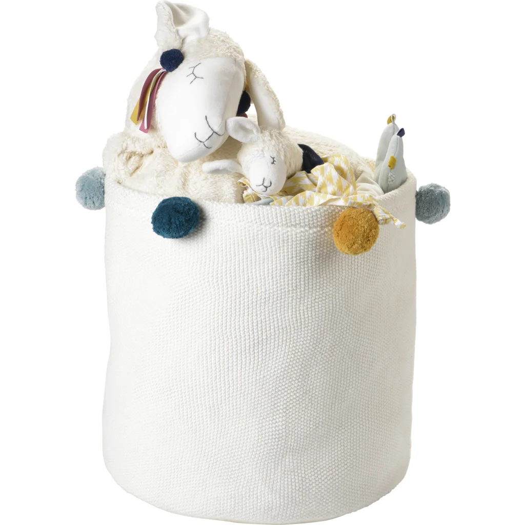 Bio Aufbewahrungsset 3-teilig mit Pompoms in Creme+Senfgelb+Hellblau+Petrol Creme+Gelb+Blau+Blau von kikadu Größe 20x20 + 30x30 + 40x40 cm 