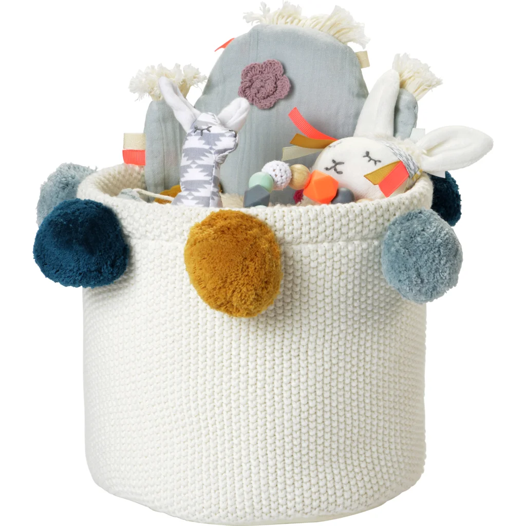 Bio Aufbewahrungsset 3-teilig mit Pompoms in Creme+Senfgelb+Hellblau+Petrol Creme+Gelb+Blau+Blau von kikadu Größe 20x20 + 30x30 + 40x40 cm 