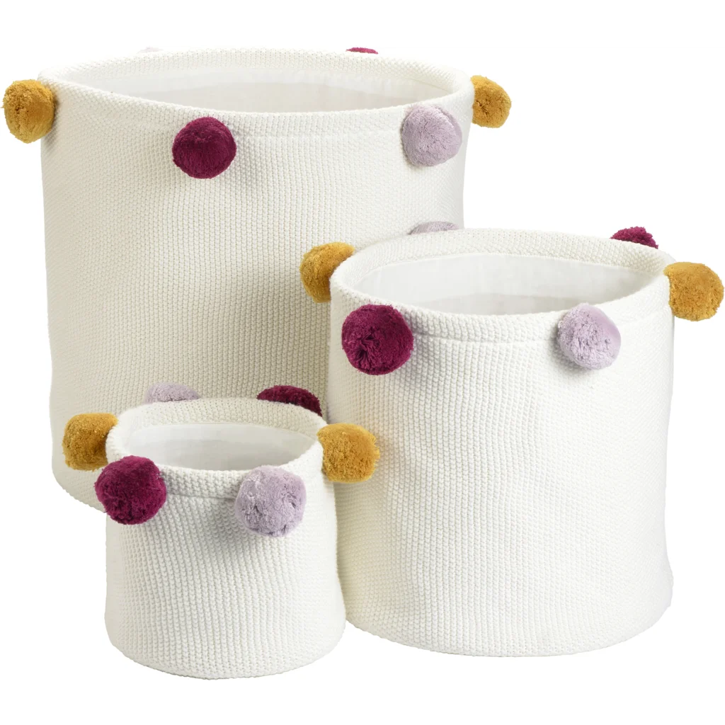 Bio Aufbewahrungsset 3-teilig mit Pompoms in Creme+Senfgelb+Rosa+Beere Creme+Gelb+Rosa+Beere von kikadu Größe 20x20 + 30x30 + 40x40 cm 