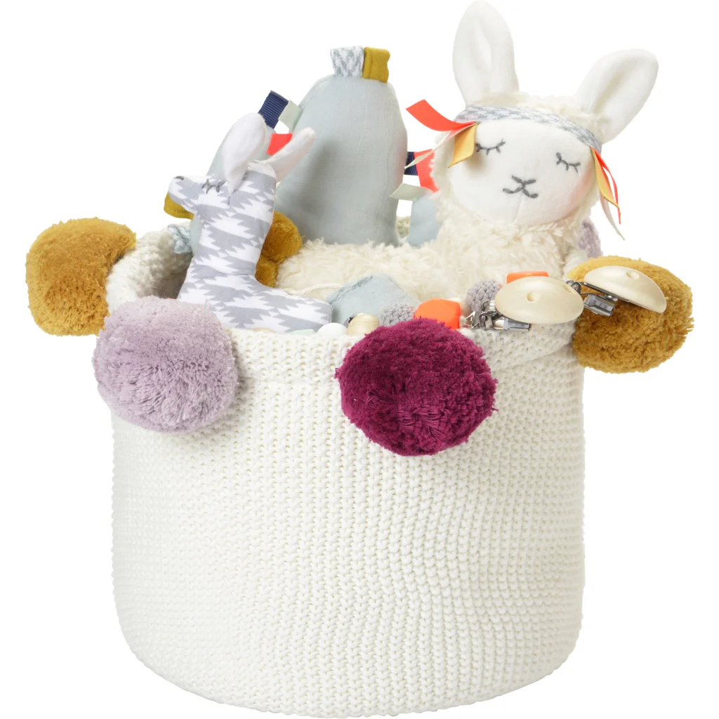 Bio Aufbewahrungsset 3-teilig mit Pompoms in Creme+Senfgelb+Rosa+Beere Creme+Gelb+Rosa+Beere von kikadu Größe 20x20 + 30x30 + 40x40 cm 