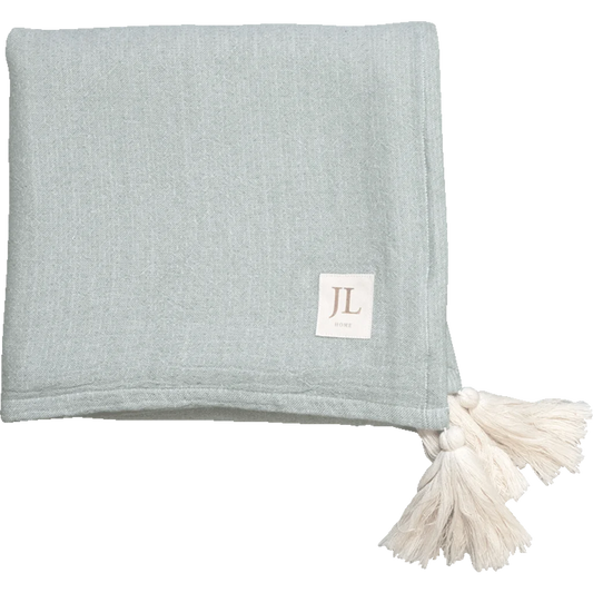Bio Decke mit Quasten in Mint+Creme Grün+Creme von Jean&Len Größe 130x180 cm