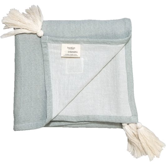 Bio Decke mit Quasten in Mint+Creme Grün+Creme von Jean&Len Größe 130x180 cm