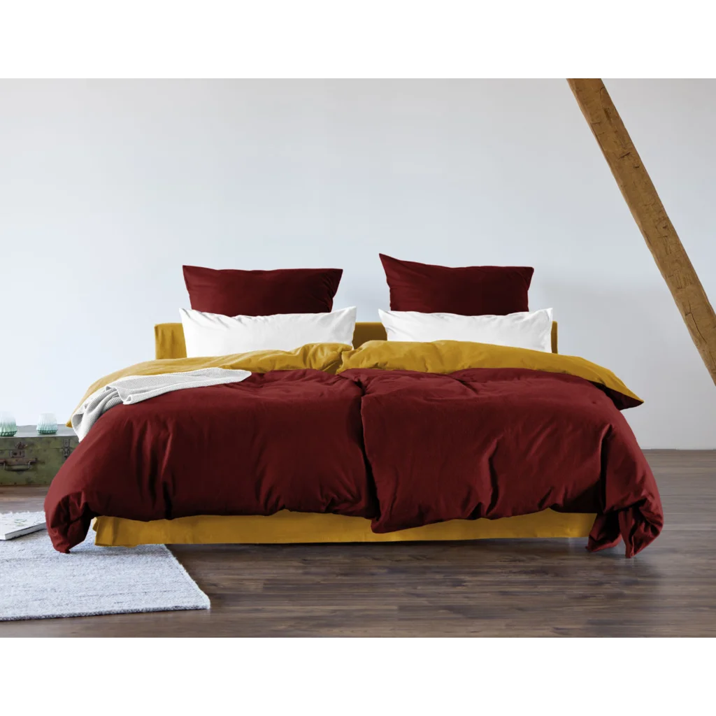 Bio Edel-Biber Wendebettwäsche Kissenbezug in Dunkelrot+Safran Rot+Gelb von Cotonea Größe 40x80 cm