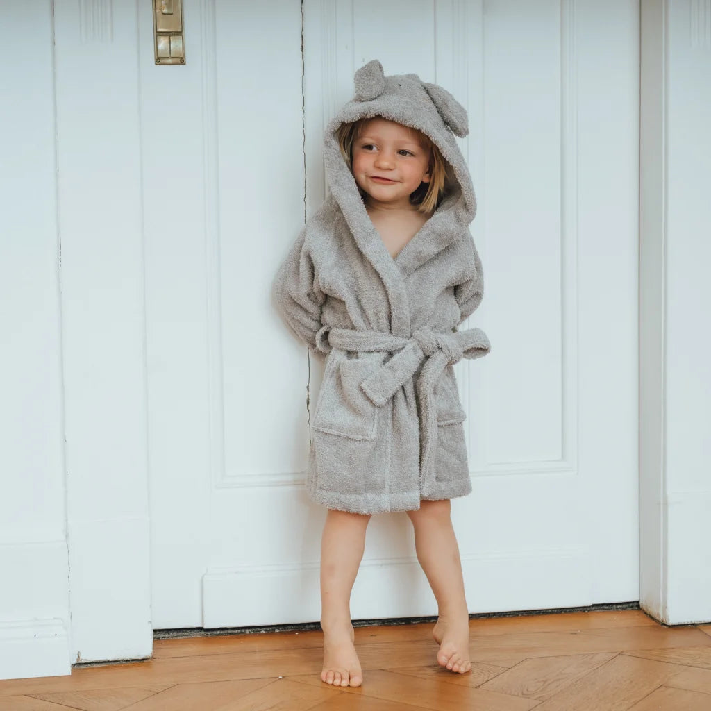 Bio Frottier Baby-+Kinder-Bademantel Hase in Silbergrau Grau Muster Hase von kikadu Größe 1-2 Jahre