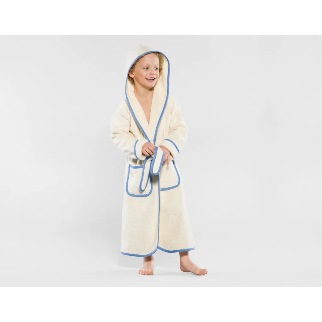 Bio Frottier Kinder-Bademantel in Creme+Blau Creme von Cotonea Größe 110+116
