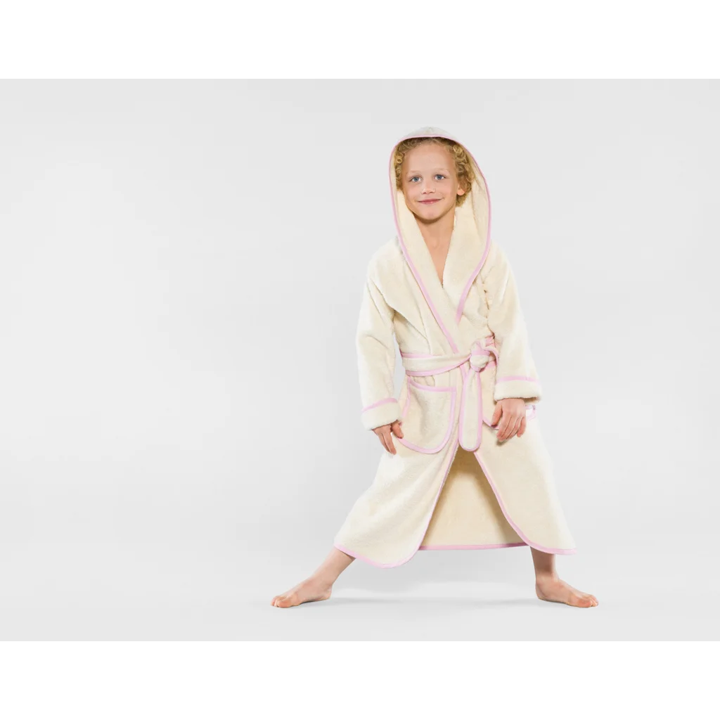 Bio Frottier Kinder-Bademantel in Creme+Flieder Creme von Cotonea Größe 122+128