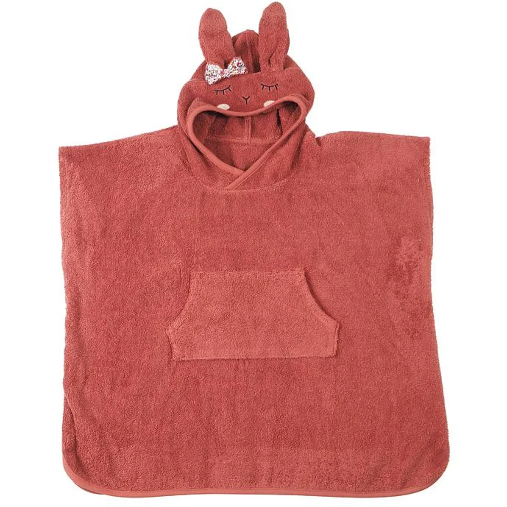 Bio Frottier Kinder-Badeponcho Hase in Rost Rot Muster Hase von kikadu Größe 65x62 cm
