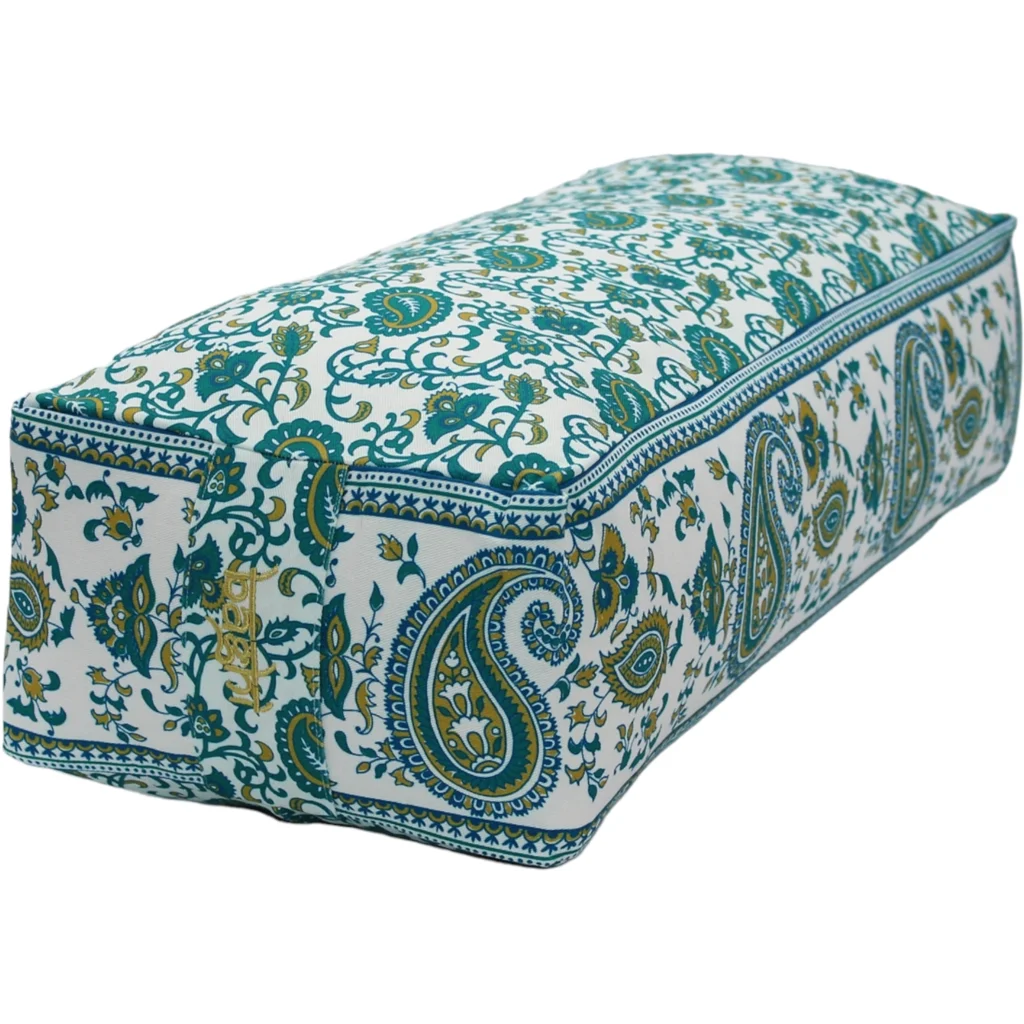 Bio Meditationskissen+Yogakissen Bolster mit Paisley-Muster in Limette+Petrol Gelb+Blau Muster Bedruckt von BAGHI Größe 60x28 cm Höhe 15 cm
