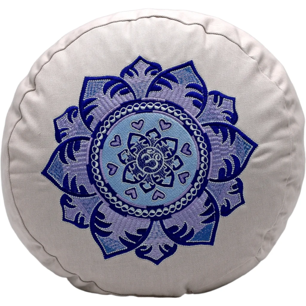 Bio Meditationskissen+Yogakissen rund mit Om-Stickerei in Beige von BAGHI Größe Ø 30 cm Höhe 15 cm