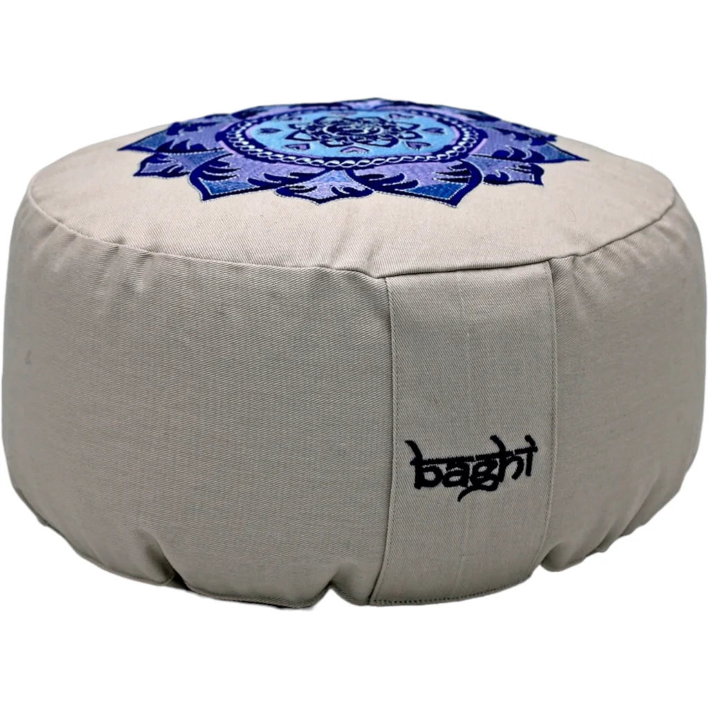 Bio Meditationskissen+Yogakissen rund mit Om-Stickerei in Beige von BAGHI Größe Ø 30 cm Höhe 15 cm
