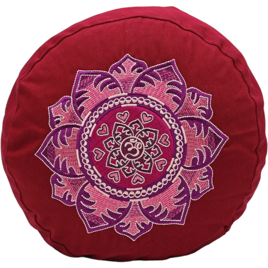 Bio Meditationskissen+Yogakissen rund mit Om-Stickerei in Bordeaux Rot von BAGHI Größe Ø 30 cm Höhe 15 cm