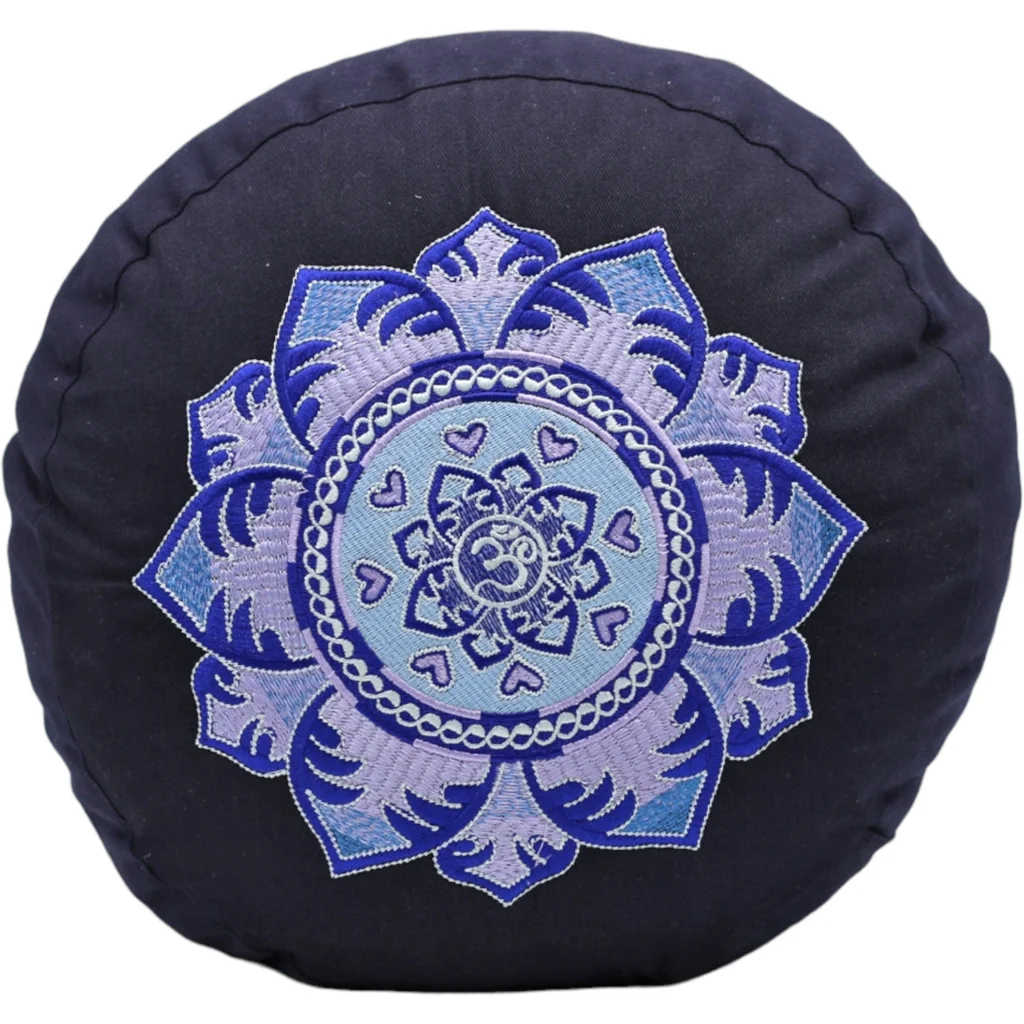 Bio Meditationskissen+Yogakissen rund mit Om-Stickerei in Dunkelblau Blau von BAGHI Größe Ø 30 cm Höhe 15 cm