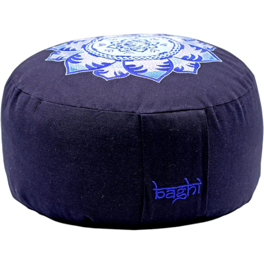 Bio Meditationskissen+Yogakissen rund mit Om-Stickerei in Dunkelblau Blau von BAGHI Größe Ø 30 cm Höhe 15 cm