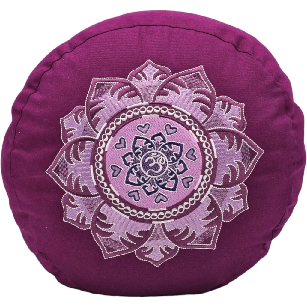 Bio Meditationskissen+Yogakissen rund mit Om-Stickerei in Lila von BAGHI Größe Ø 30 cm Höhe 15 cm