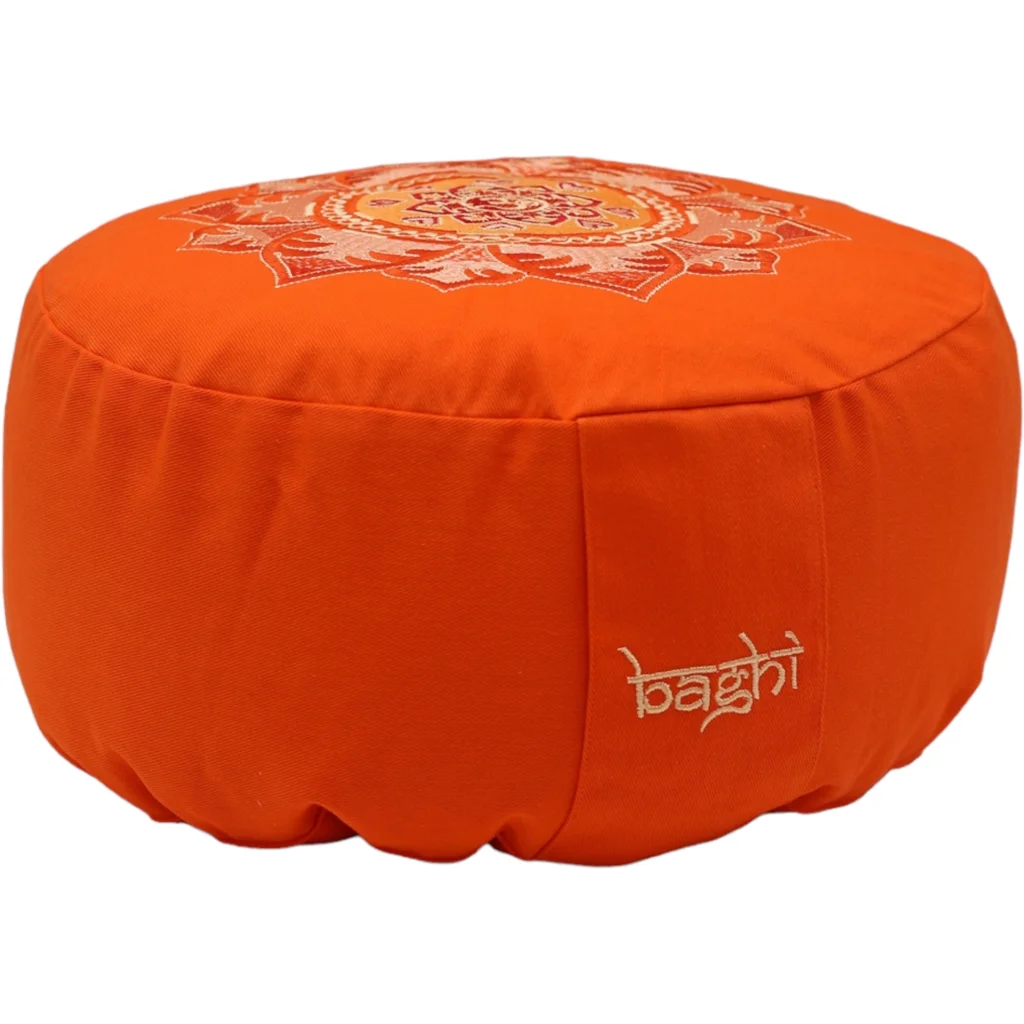 Bio Meditationskissen+Yogakissen rund mit Om-Stickerei in Orange von BAGHI Größe Ø 30 cm Höhe 15 cm