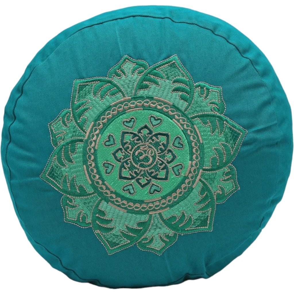 Bio Meditationskissen+Yogakissen rund mit Om-Stickerei in Petrol Blau von BAGHI Größe Ø 30 cm Höhe 15 cm