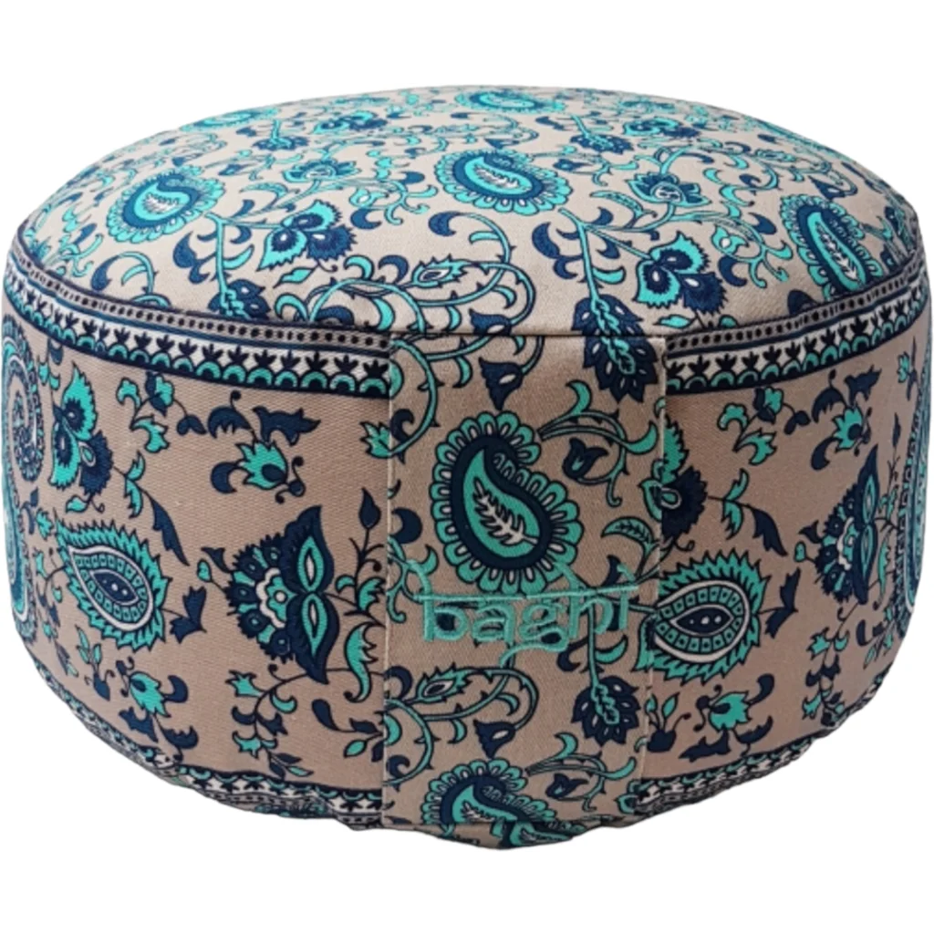 Bio Meditationskissen+Yogakissen rund mit Paisley-Muster in Grau+Blau+Türkis Grau+Blau+Blau Muster Bedruckt von BAGHI Größe Ø 30 cm Höhe 15 cm
