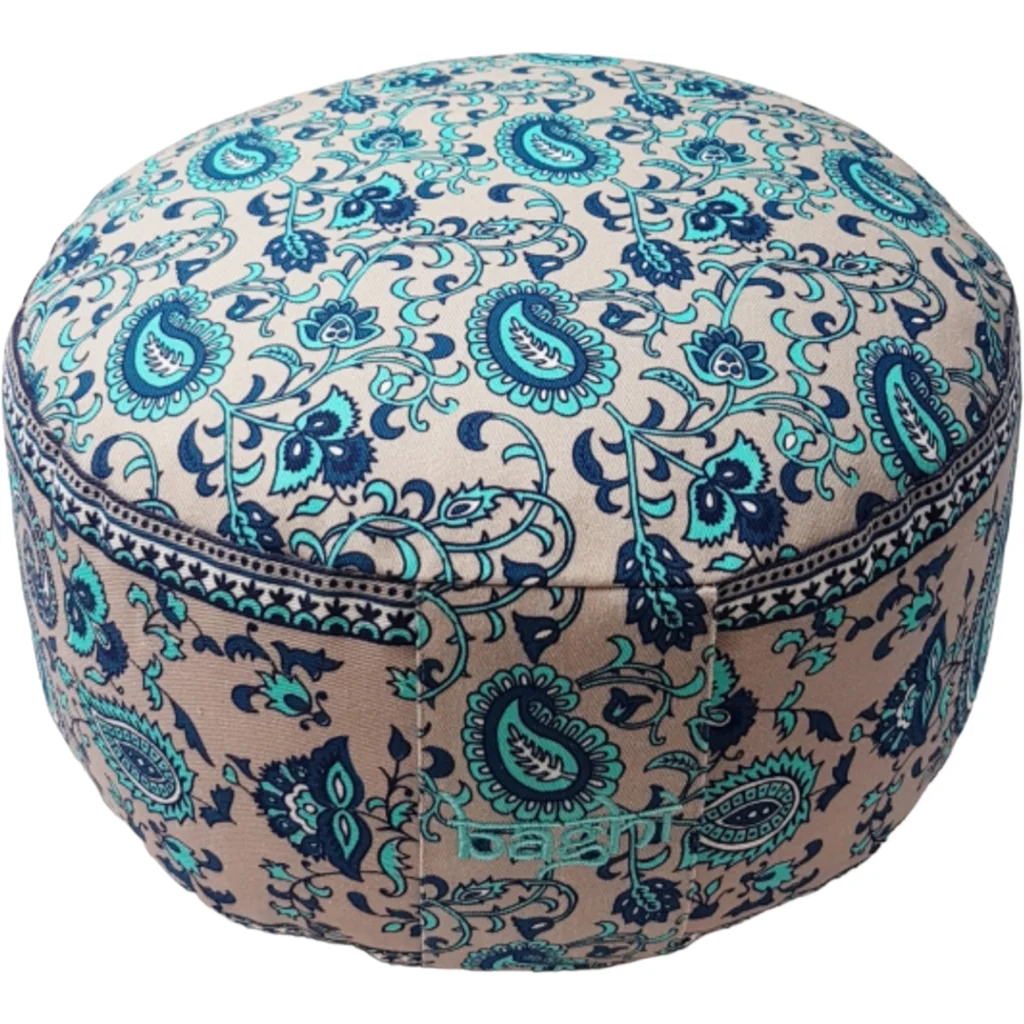 Bio Meditationskissen+Yogakissen rund mit Paisley-Muster in Grau+Blau+Türkis Grau+Blau+Blau Muster Bedruckt von BAGHI Größe Ø 30 cm Höhe 15 cm