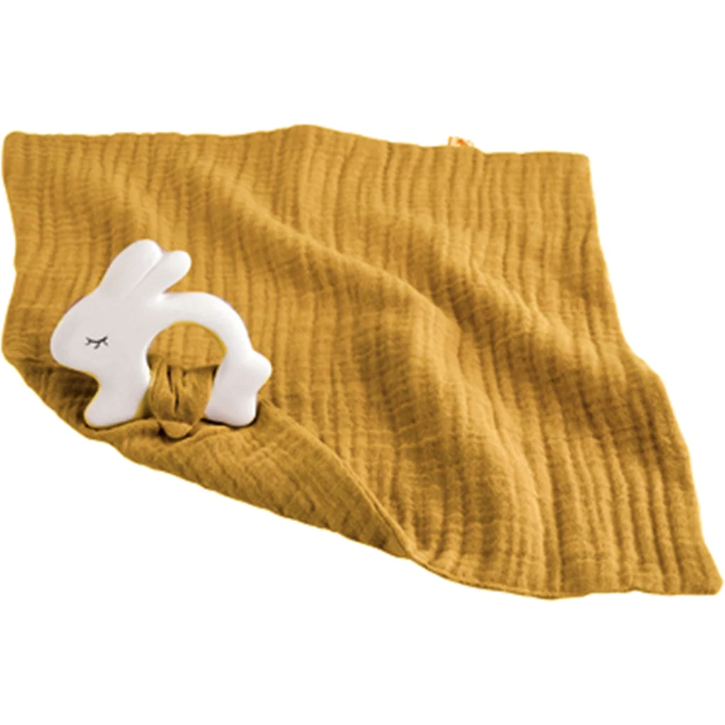 Bio Musselin Baby-Schmusetuch mit Beißring Hase in Senfgelb Gelb Muster Hase von kikadu Größe 35x35 cm