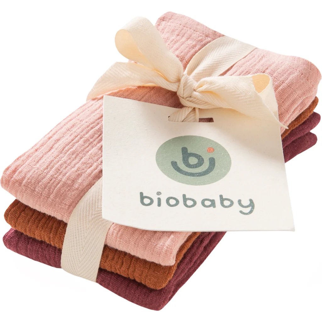 Bio Musselin Waschlappen 3er-Pack in Bordeaux+Zimt+Rosa Rot+Braun+Rosa von biobaby Größe 25x25 cm