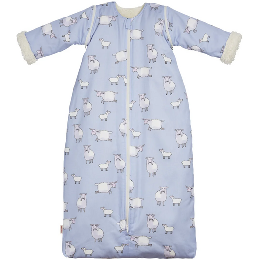 Bio Satin Baby-Schlafsack Schäfchen mit Teddyplüschfutter und abnehmbaren Ärmeln  in Muster Schäfchen von Cotonea Größe 70 (ca. 76 cm)