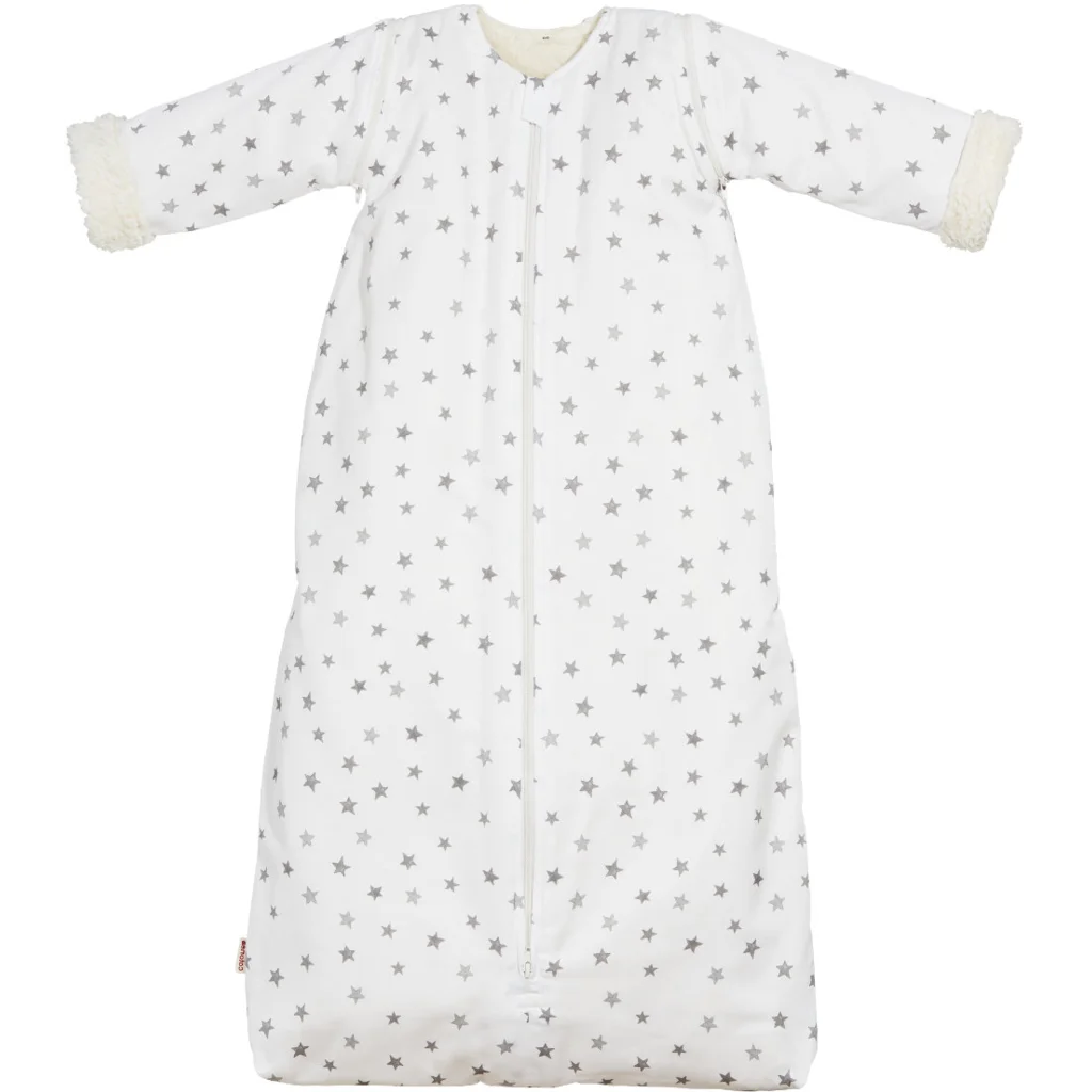 Bio Satin Baby-Schlafsack Sterne mit Teddyplüschfutter und abnehmbaren Ärmeln  in Muster Sterne von Cotonea Größe 70 (ca. 76 cm)